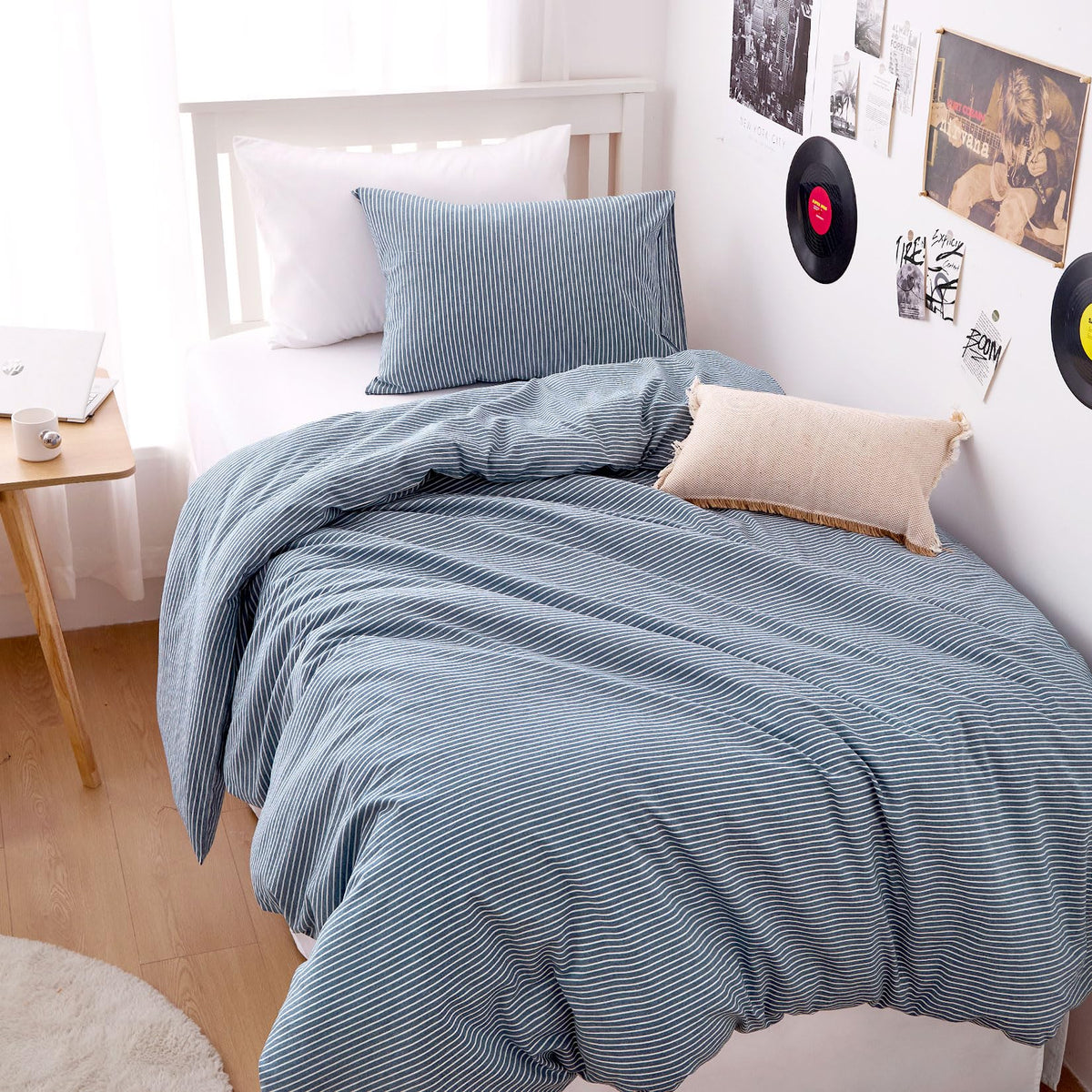 Wake In Cloud Striped Cotton Duvet Cover Set, Greyish Blue, Full
