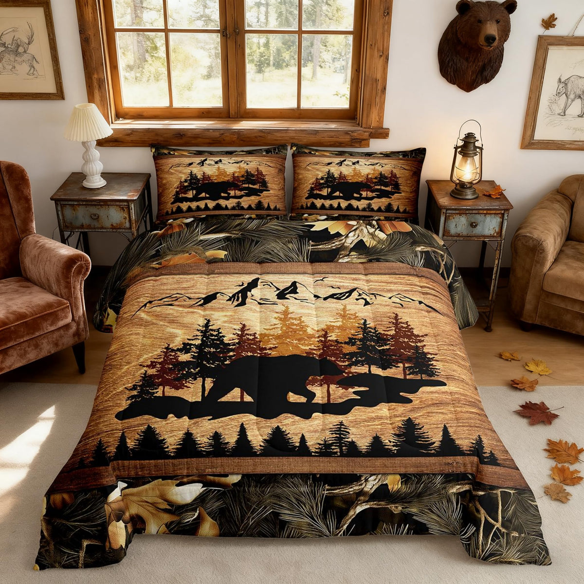 Homewish Jungle Cabin Comforter Set,Moose Animal Pine Trees Bedding Sets for Kids Teens Adults,Retro Wooden Stripes Rustic Farmhouse Quilted Comforter with 2 Pillowcases Queen Size 3 Pcs