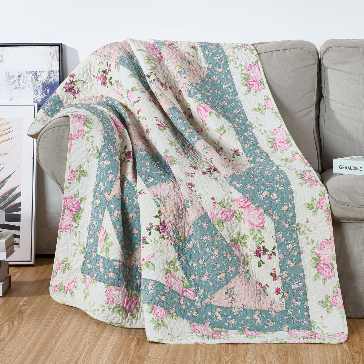 Chezmoi Collection Rowan 1-Piece Printed Patchwork Throw, Quilted Blanket with Vintage Floral Paisley Patterns, Lightweight Reversible Washed Cotton Throw Blanket