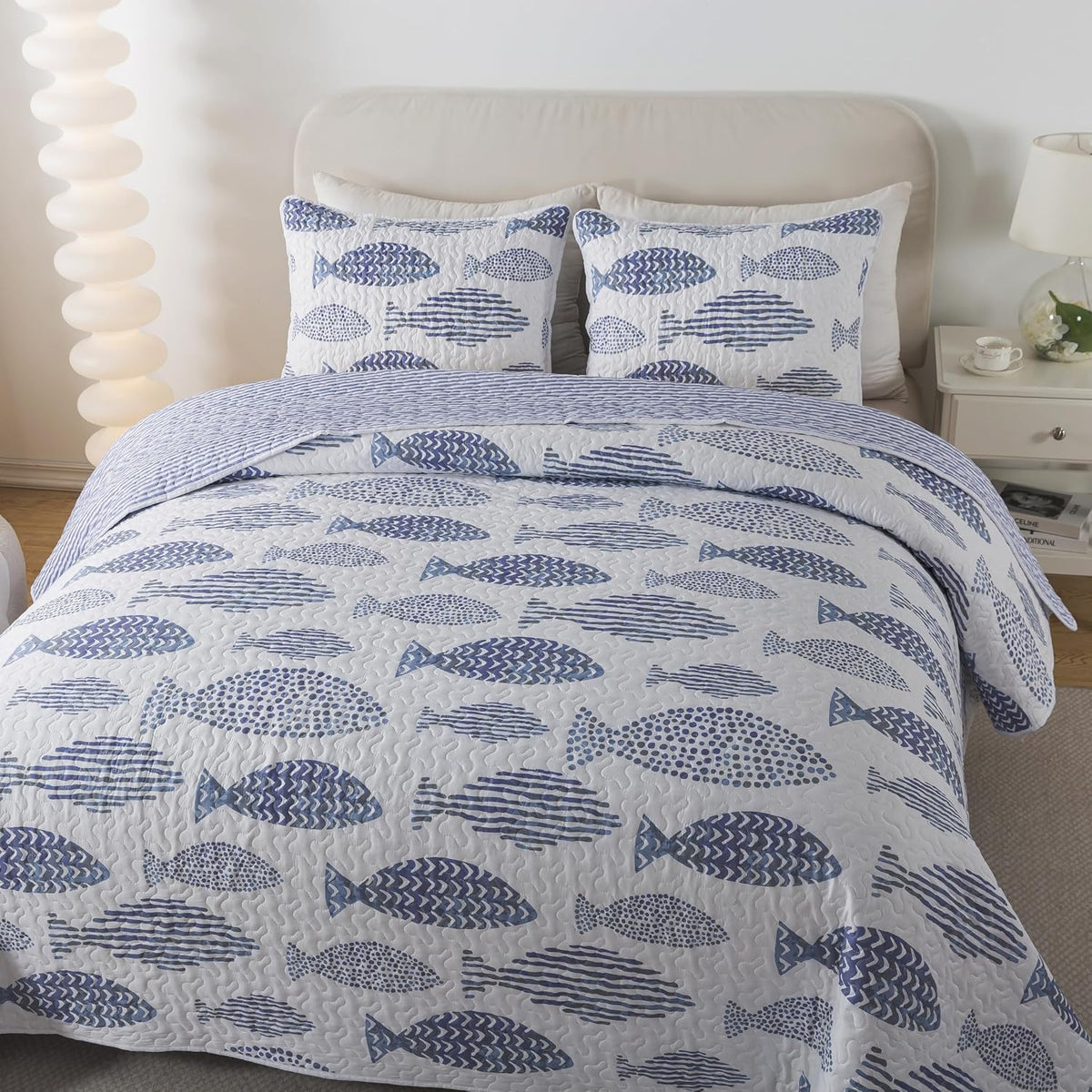 SLPR - Coastal Nautical Fish Quilt Set, Queen with 2 Shams, Lake Bedding