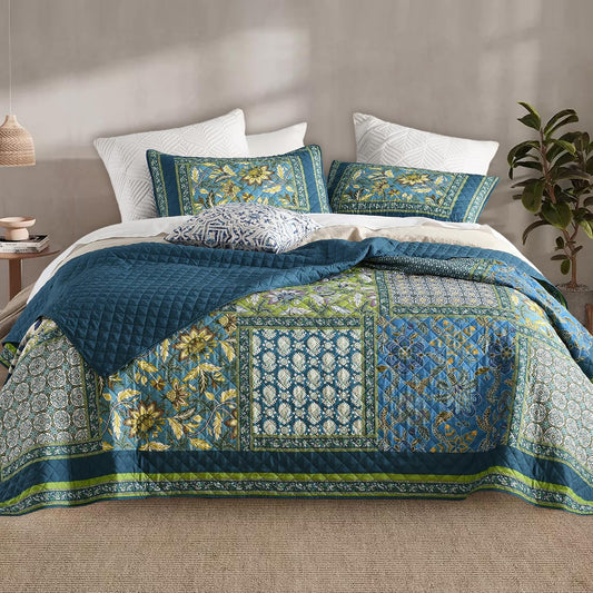 Twin Quilt Set - Washed Quilted Patchwork Comforter Coverlet, Lightweight Breathable Bedspread for All Seasons, Reversible 68"x90" with 2 Pillow Shams, Machine Washable