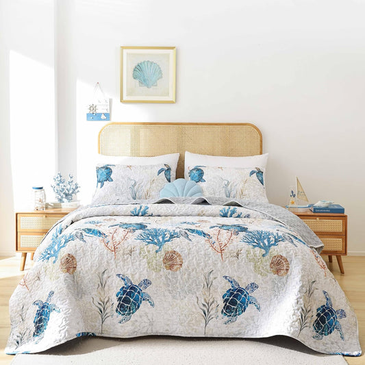 weigelia Coastal Quilt Twin Size, Sea Turtle Lightweight Summer Bedding