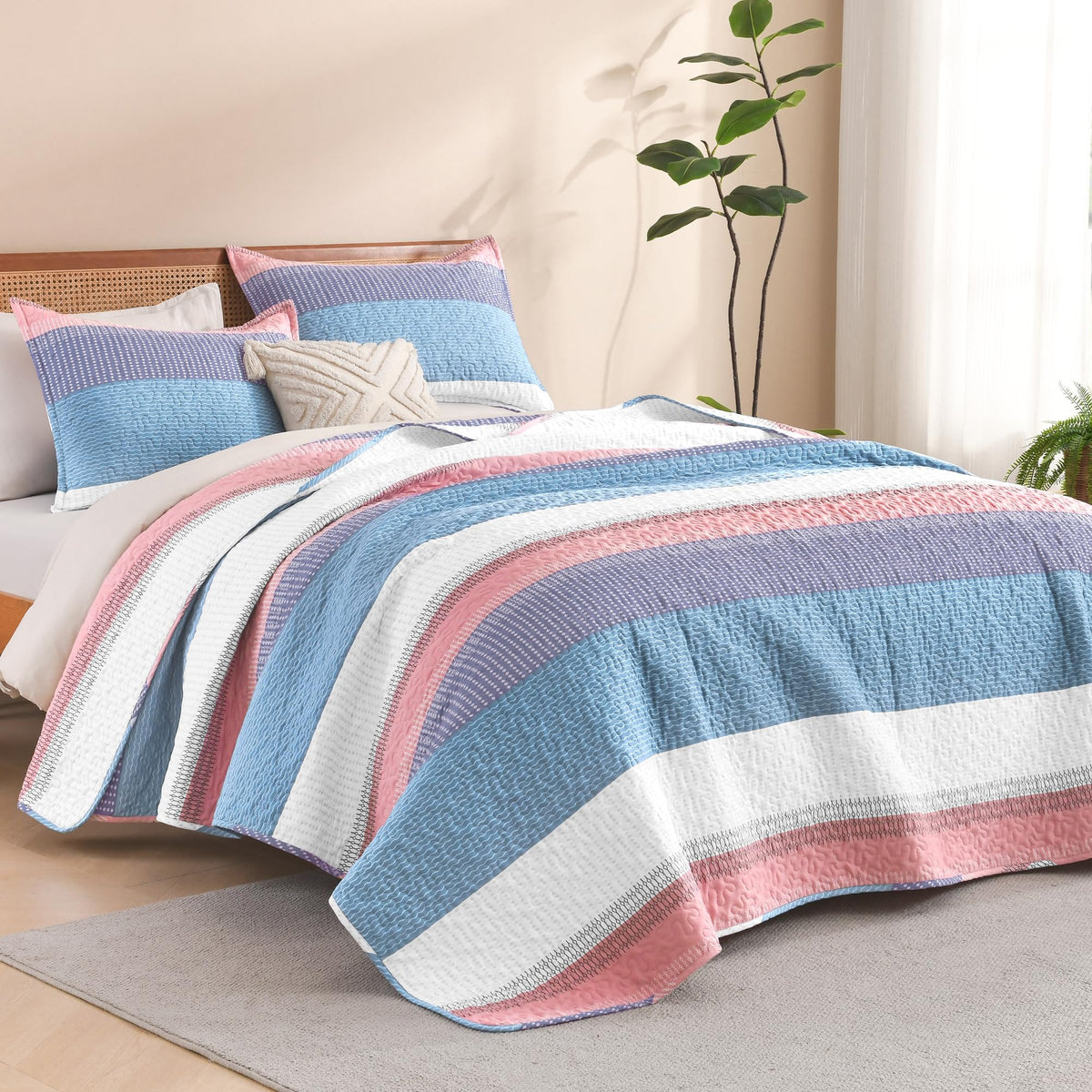 Litanika Queen Size Quilt, 3 Pcs Black and White Stripe Bedding Set