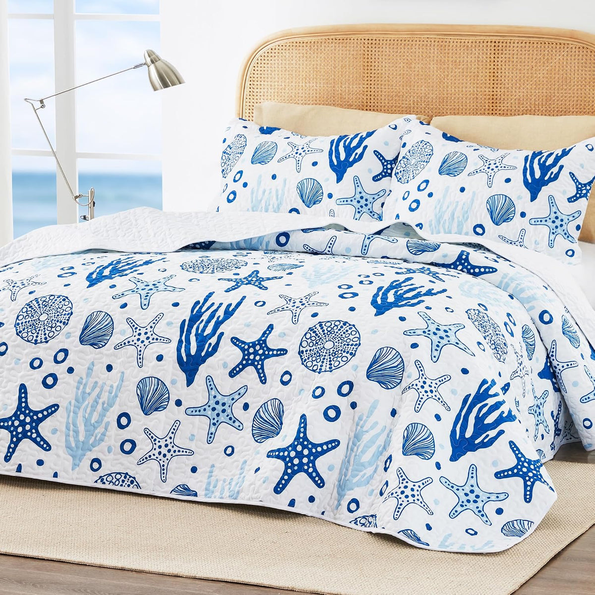 Love's cabin Quilts for Queen Coastal White Bedspreads Bedding Set - Summer Beach Nautical Quilt Lightweight Bedspread - Reversible Bedding Coverlet for All Season - 3 Piece