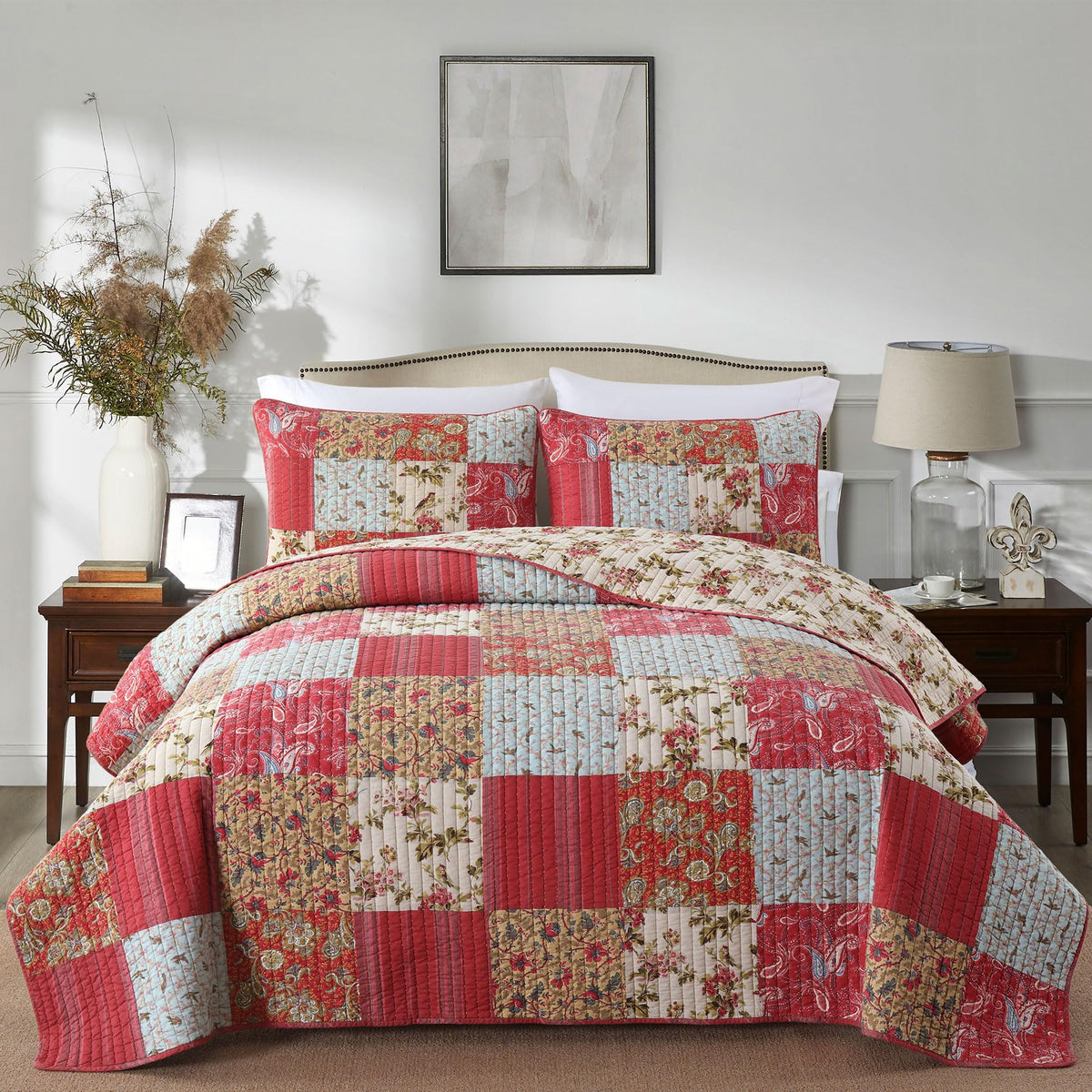 Secgo California King Quilt Size - 100% Cotton Oversized California Comforter Set Green Bedding Sets (120 * 110 Inch) with 2 Pillow Shams, Patchwork Reversible Lightweight Bedspread