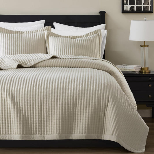 WDCOZY Beige Queen Size Quilt Set, Striped Pick Stitch Bedspread