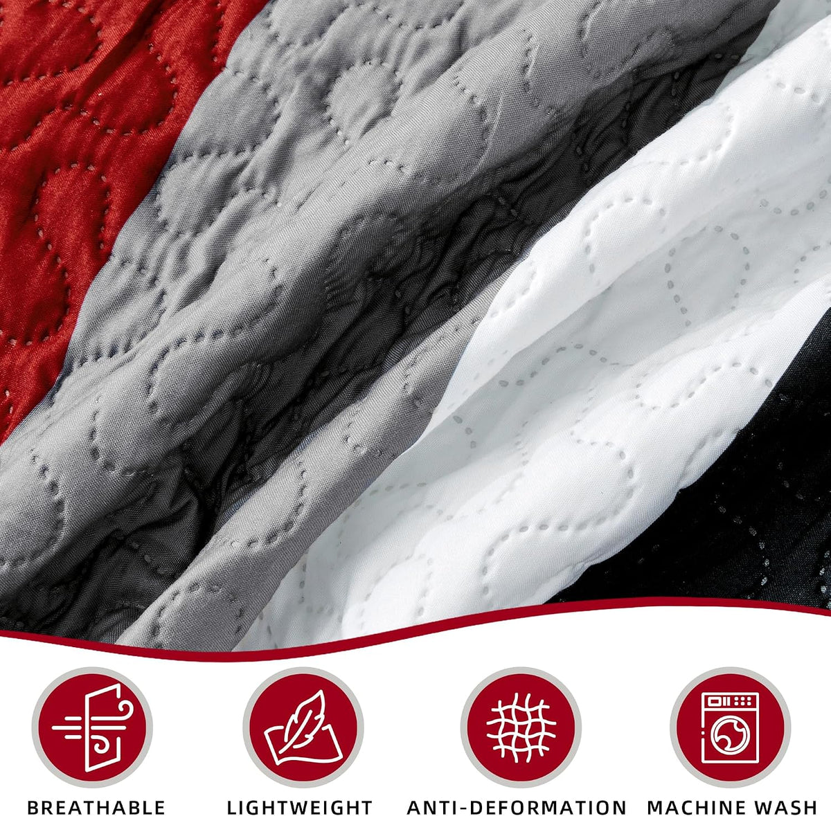 Tyrot 3 Piece Red Black Grey Quilts King Size Red White Gray Bedding Set