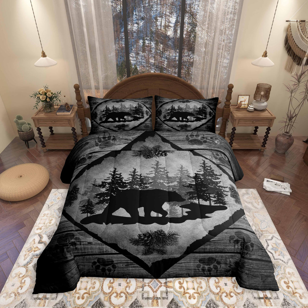 Homewish Jungle Cabin Comforter Set,Moose Animal Pine Trees Bedding Sets for Kids Teens Adults,Retro Wooden Stripes Rustic Farmhouse Quilted Comforter with 2 Pillowcases Queen Size 3 Pcs