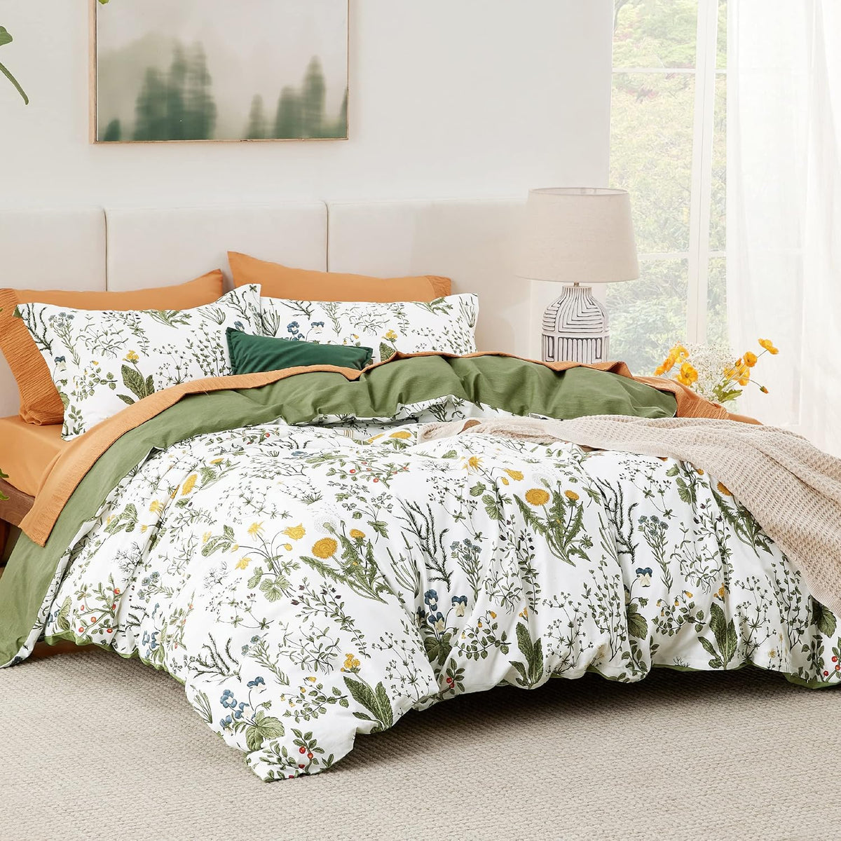 Bedsure PureWoven 100% Cotton Floral Duvet Cover Set, Queen, Green