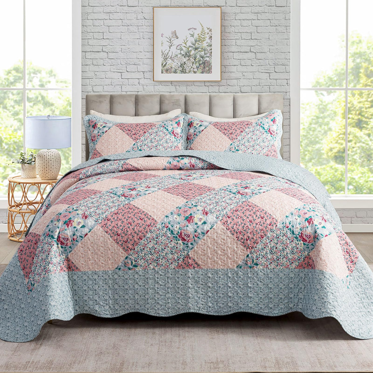 Travan 3-Piece Quilt Set Quilted Bedspread Lightweight Coverlet Set Garden Style Floral Printed Oversized Quilted Bedding Set with Shams for All Season, Exquisite, King Size