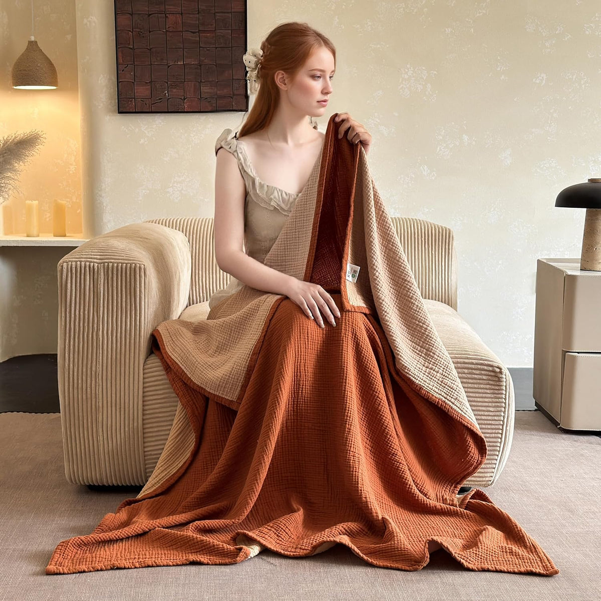 Simple&Opulence 100% Cotton Muslin Blanket, Lightweight Breathable 4 Layering Soft Cotton Throw Blanket,Gauze Blanket for Bed Couch Camping All-Season Use (Rust Orange, 50"x60")