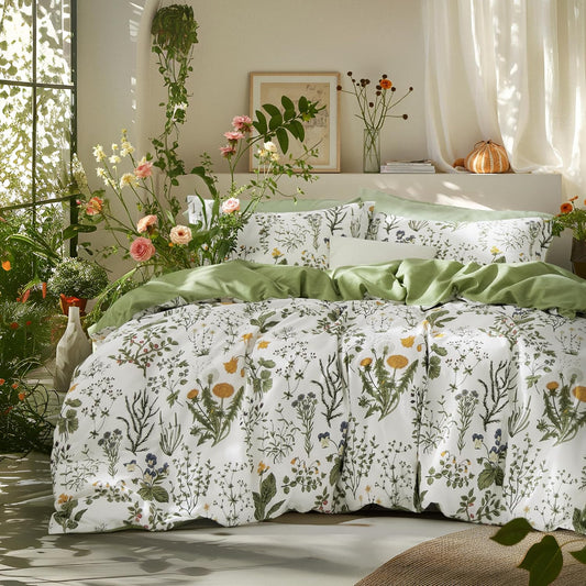 Bedsure PureWoven 100% Cotton Floral Duvet Cover Set, Queen, Green