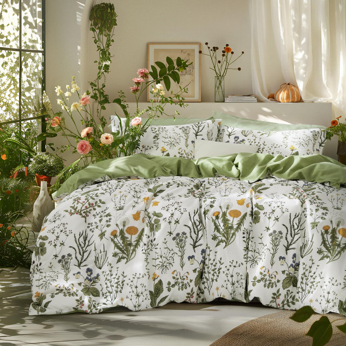Bedsure PureWoven 100% Cotton Floral Duvet Cover Set, Queen, Green