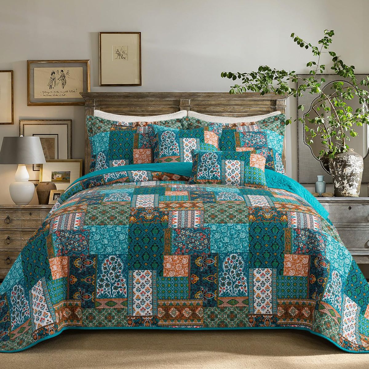 VAPUTAR 100% Cotton Face Quilt King Size Bedding Set - Boho King Quilts