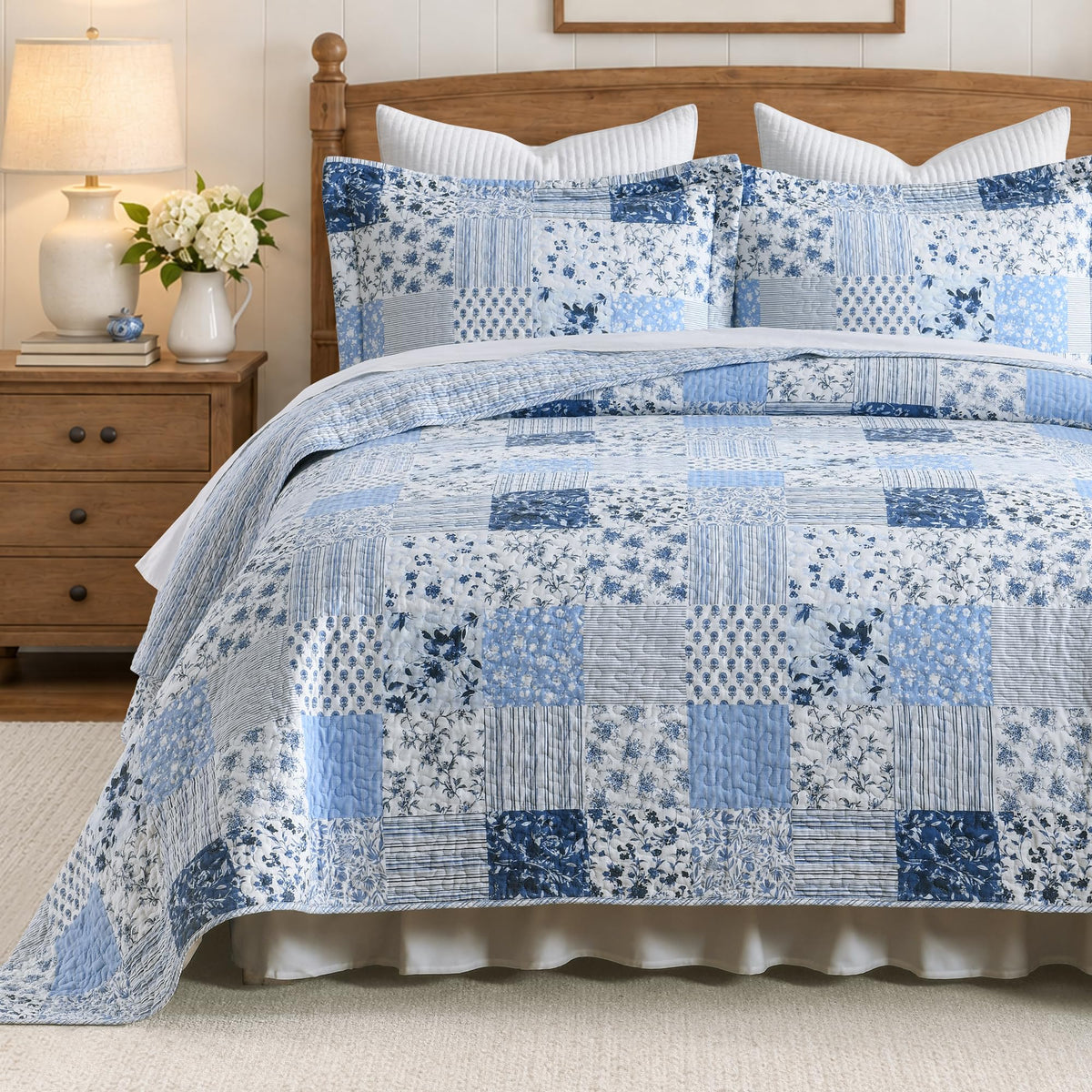 100% Cotton King Quilt Set Taupe Floral Bedding and 2 Pillow Shams
