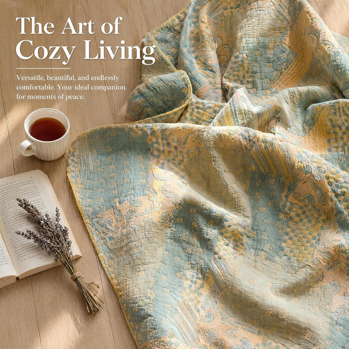 100% Cotton Muslin Blanket Twin Size 4-Layer Gauze Quilted Lightweight Breathable Cooling Bed Blanket for Adults, Soft Summer Bed & Couch Cover All Season (Yellow-Gray, Twin 60 * 80 in)