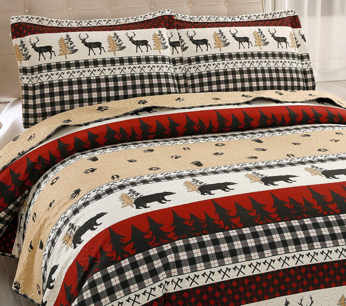Rustic Quilt Bedding Set King Size Bedspread Coverlet Country Quilts Lodge Cabin Bedding Black White Buffalo Plaid Quilts Forest Elk Moose Lightweight Reversible Quilt Bed Spread with 2 Pillow Shams
