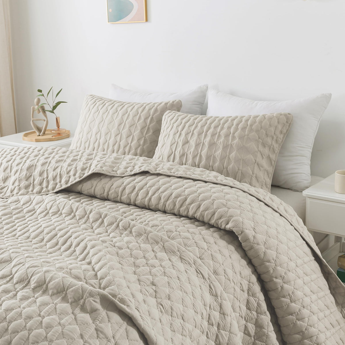 WDCOZY Oversized California Cal King Size Quilt Bedding Sets with 2 Pillow Shams, Beige Tan Cream Lightweight Soft Bedspread Coverlet Bed Cover, All Season Spring Summer, 3 Pieces, 116x106 inches