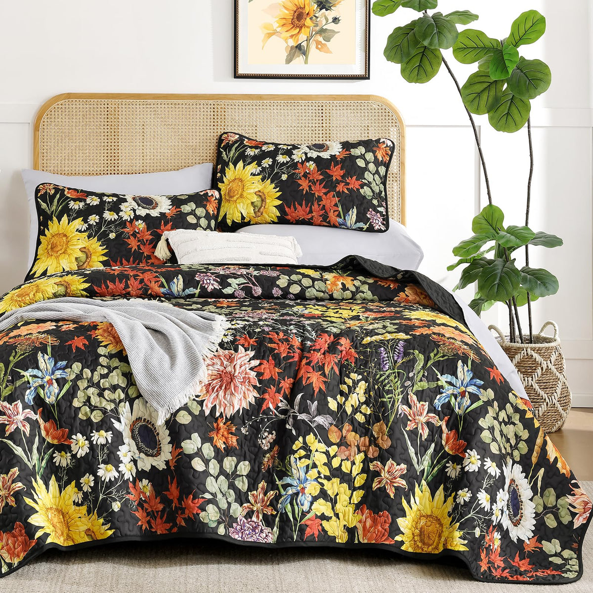 Yiran Beige Floral Quilt King Size, Sunflower Bedspreads Bedding Set