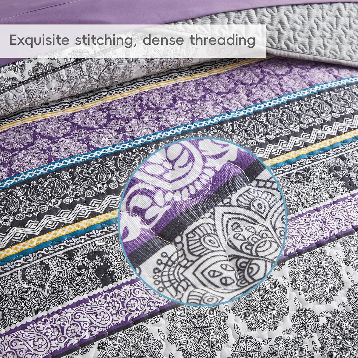 3 Pieces Colorful Boho Quilt Set Full Queen Size, Purple n Grey Bohemian Striped Printed Bedding Bedspread Coverlet Set for Summer, Soft Lightweight Microfiber Quilt with 2 Shams (88x88 inces)