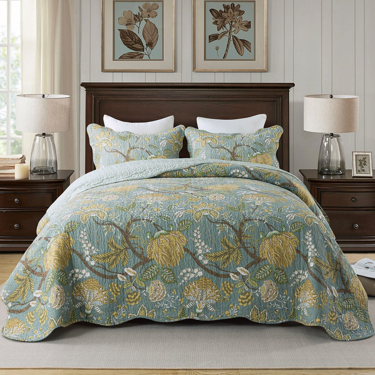 Travan 3-Piece Quilt Set Quilted Bedspread Lightweight Coverlet Set Garden Style Floral Printed Oversized Quilted Bedding Set with Shams for All Season, Exquisite, King Size