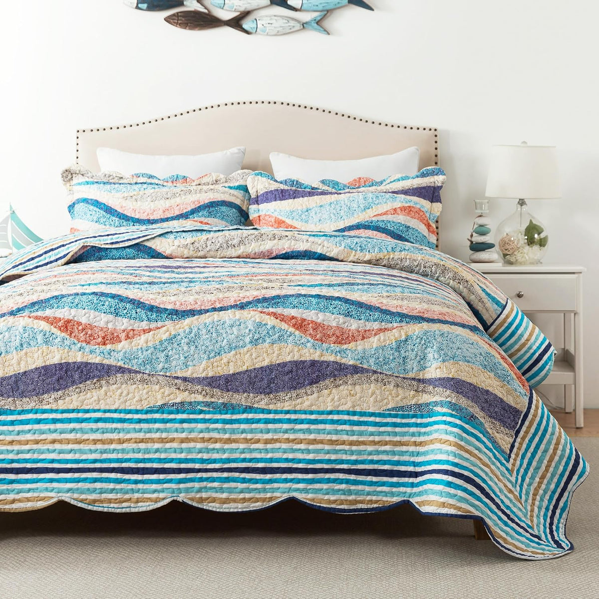 HoneiLife Oversized King Bedspreads 120x120 - Beach Quilt 3 Pieces, Coastal Quilt Sets, California King Quilt, Nautical Bedspreads Ocean Coverlets, Lightweight Bed Cover, Summer Quilts
