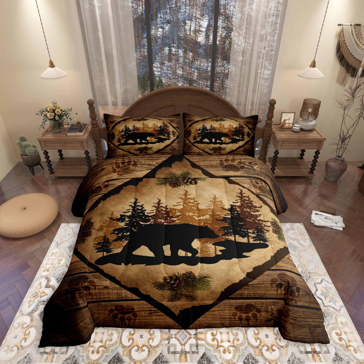 Homewish Jungle Cabin Comforter Set,Moose Animal Pine Trees Bedding Sets for Kids Teens Adults,Retro Wooden Stripes Rustic Farmhouse Quilted Comforter with 2 Pillowcases Queen Size 3 Pcs