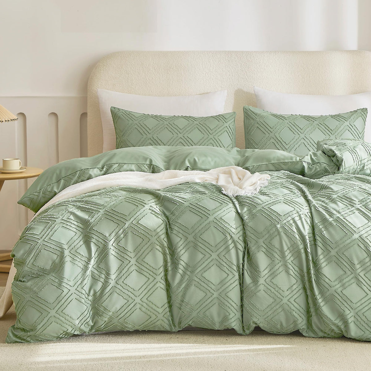 JELLYMONI White Striped Tufted Duvet Cover Set Queen Size