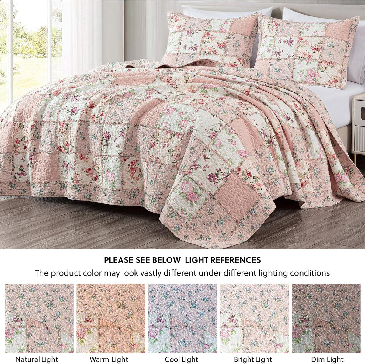 Chezmoi Collection Abbi 2-Piece Pink Shabby Chic Bedding Twin Quilt Set Pre-Washed Cotton Floral Coverlet Bedspread Ruffled Patchwork Quilt, Twin Size