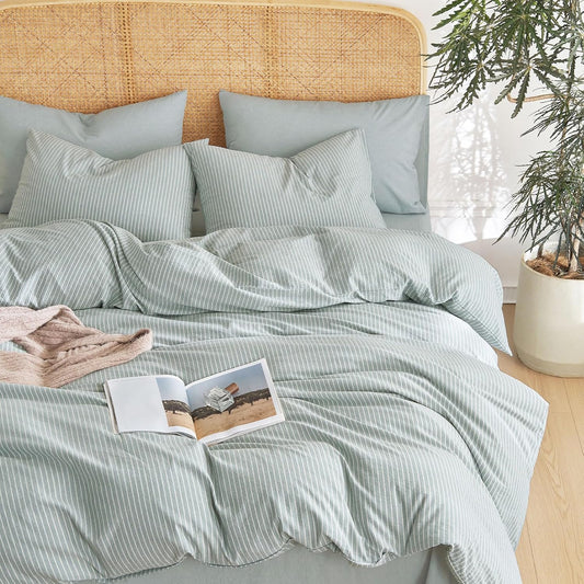 Wake In Cloud Striped Cotton Duvet Cover Set, Greyish Blue, Full