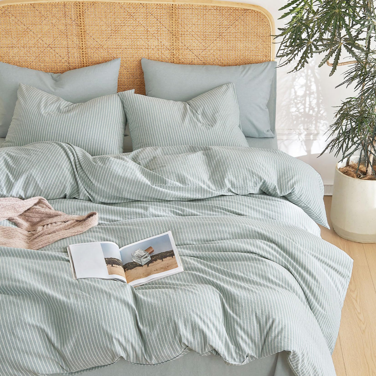 Wake In Cloud Striped Cotton Duvet Cover Set, Greyish Blue, Full