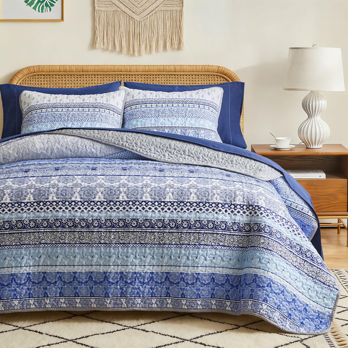 3 Pieces Colorful Boho Quilt Set Full Queen Size, Purple n Grey Bohemian Striped Printed Bedding Bedspread Coverlet Set for Summer, Soft Lightweight Microfiber Quilt with 2 Shams (88x88 inces)