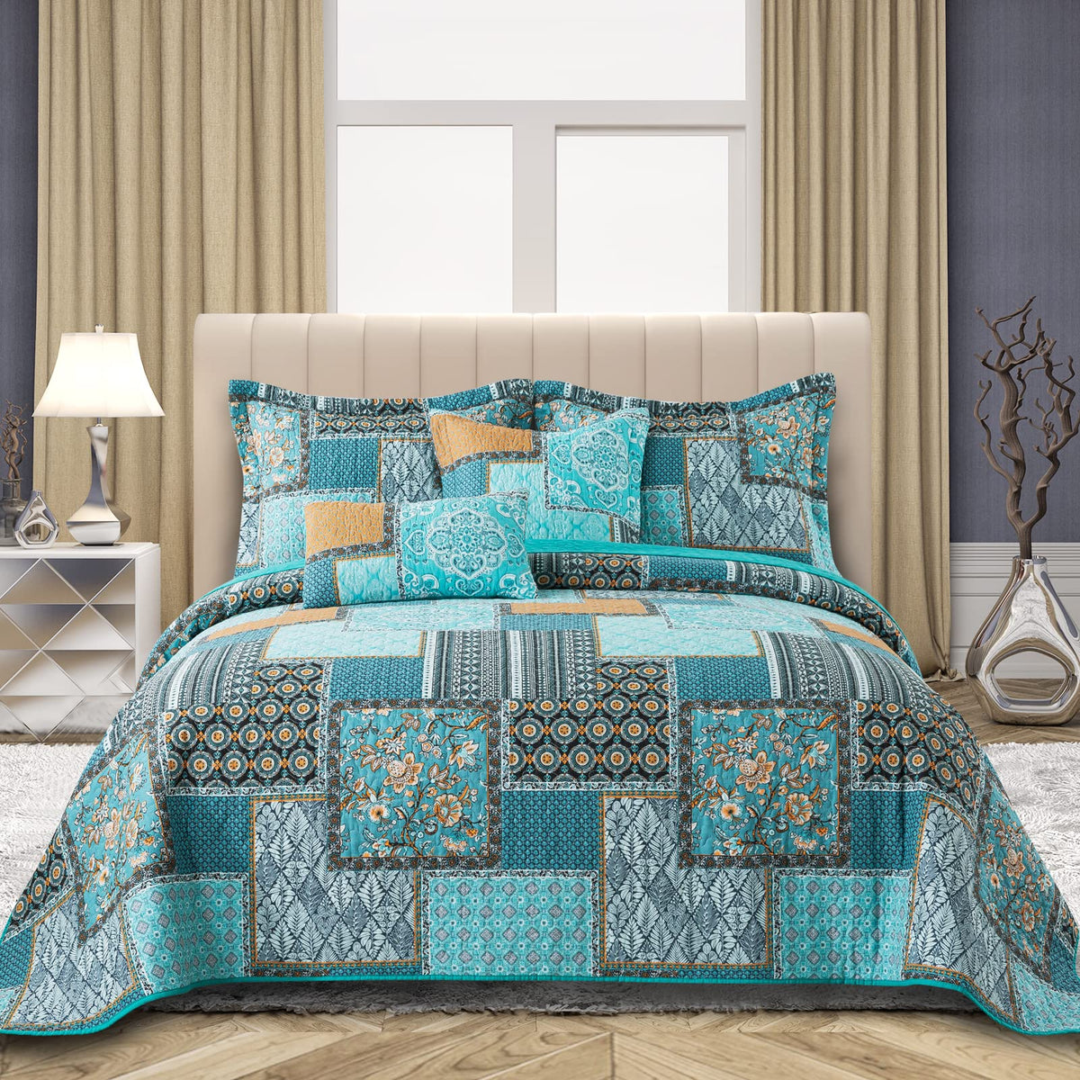 VAPUTAR 100% Cotton Face Quilt King Size Bedding Set - Boho King Quilts