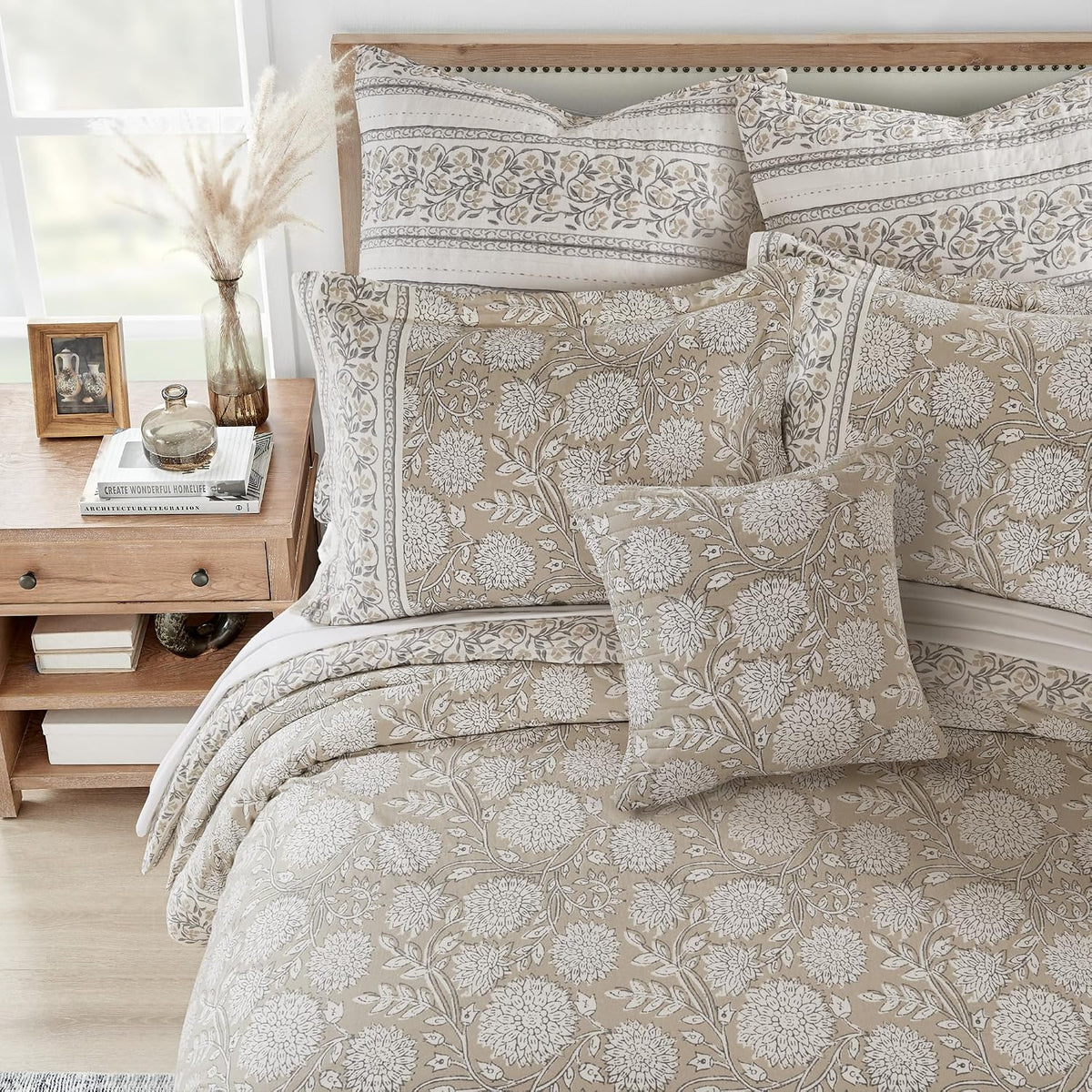 Levtex Home Adare Taupe Reversible King Duvet Cover Set (106x94in) with 2 Pillowcases (36x20in) - Floral Bedding - Taupe and White - Cotton King Size Duvet Cover Set - Soft, Pre-Washed
