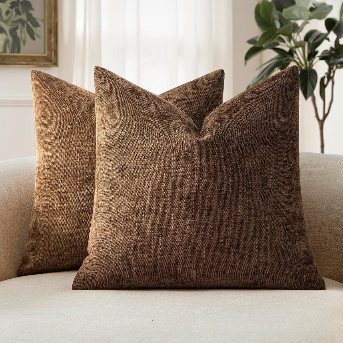 MIULEE 26x26 Inch Euro Textured Chenille Pillow Covers Chocolate Brown
