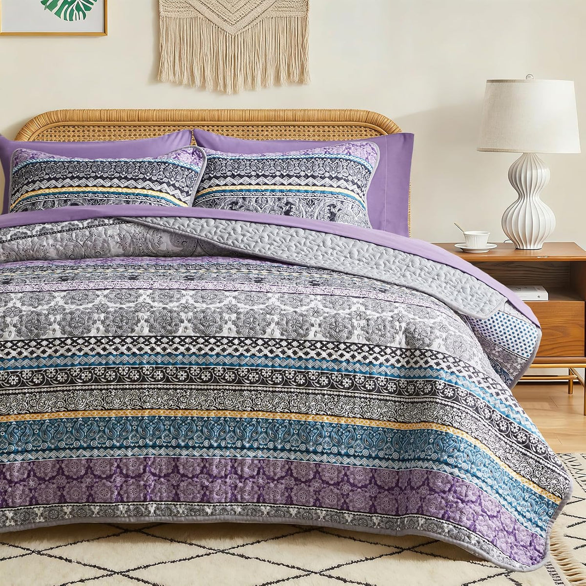 3 Pieces Colorful Boho Quilt Set Full Queen Size, Purple n Grey Bohemian Striped Printed Bedding Bedspread Coverlet Set for Summer, Soft Lightweight Microfiber Quilt with 2 Shams (88x88 inces)