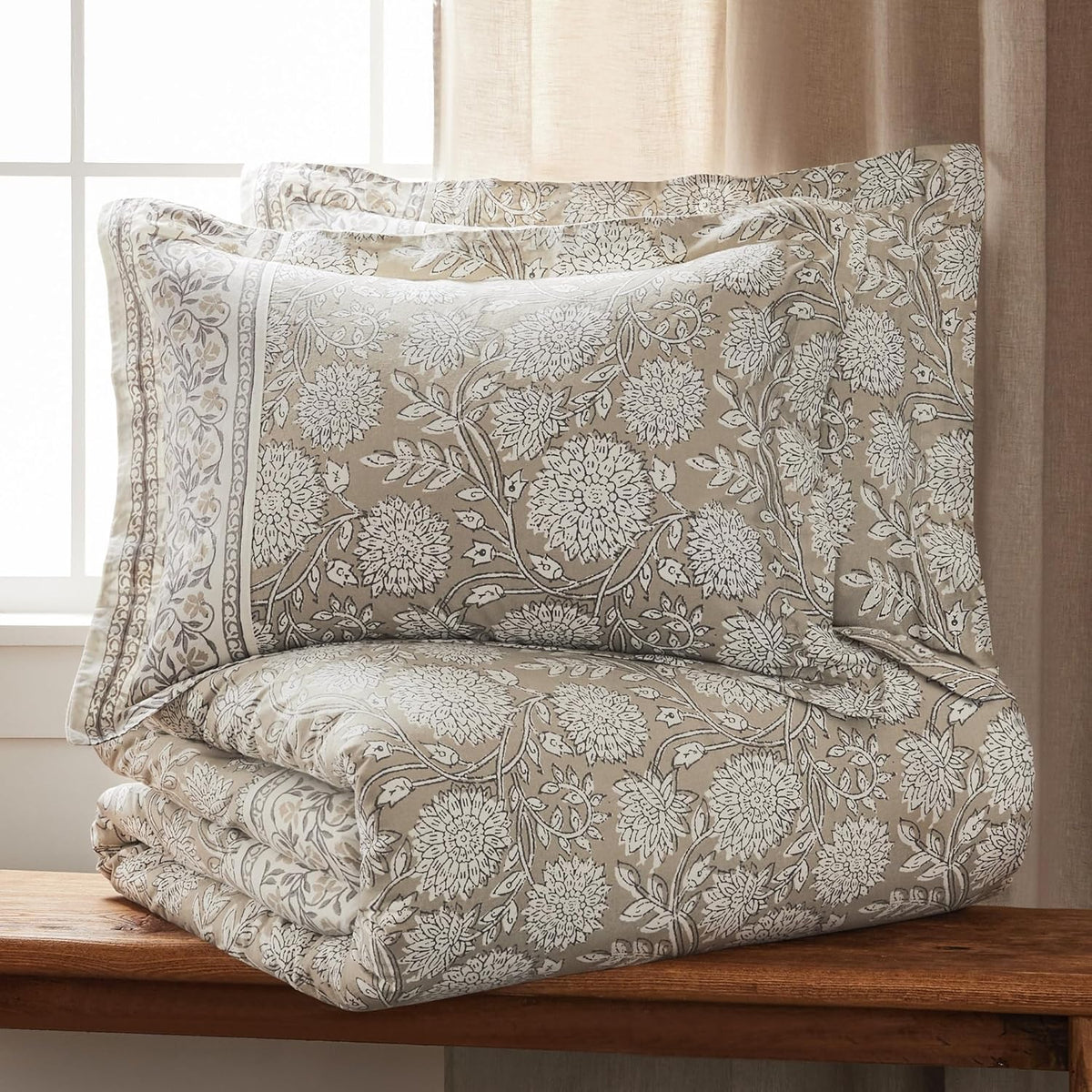 Levtex Home Adare Taupe Reversible King Duvet Cover Set (106x94in) with 2 Pillowcases (36x20in) - Floral Bedding - Taupe and White - Cotton King Size Duvet Cover Set - Soft, Pre-Washed