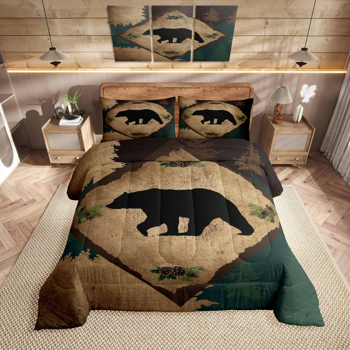 Homewish Jungle Cabin Comforter Set,Moose Animal Pine Trees Bedding Sets for Kids Teens Adults,Retro Wooden Stripes Rustic Farmhouse Quilted Comforter with 2 Pillowcases Queen Size 3 Pcs