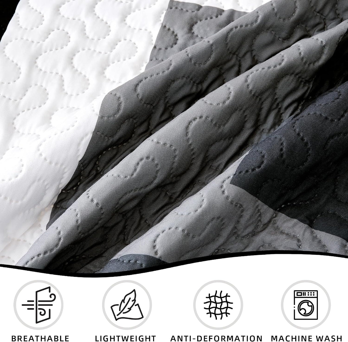 Tyrot 3 Piece Black Grey Quilt Full/Queen Size Black White Gray Bedding Set