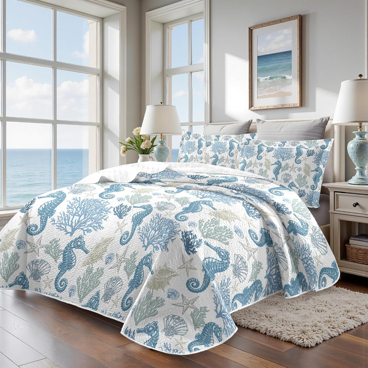 Nautical Queen Quilt Set, Coastal Seahorse Bedding, 3 Piece, 90"x96"