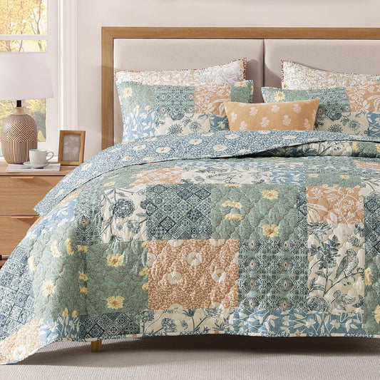 Quilts Queen Size-3 Pieces Soft Queen Bedspread Floral Patchwork Quilt