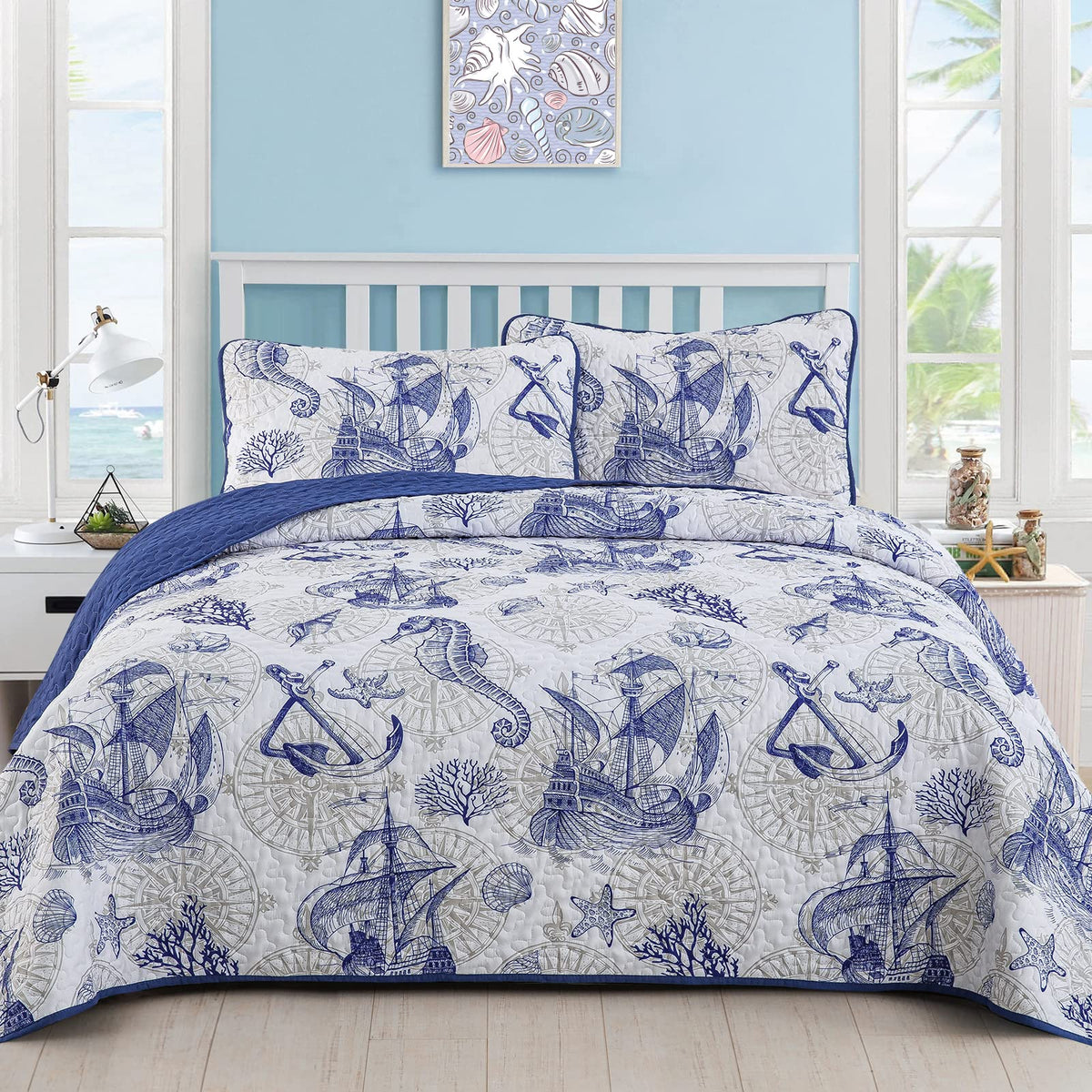 DJY Ocean Coastal Quilt Queen Size, 3 Pcs Sea Turtle Theme Bedspread Set