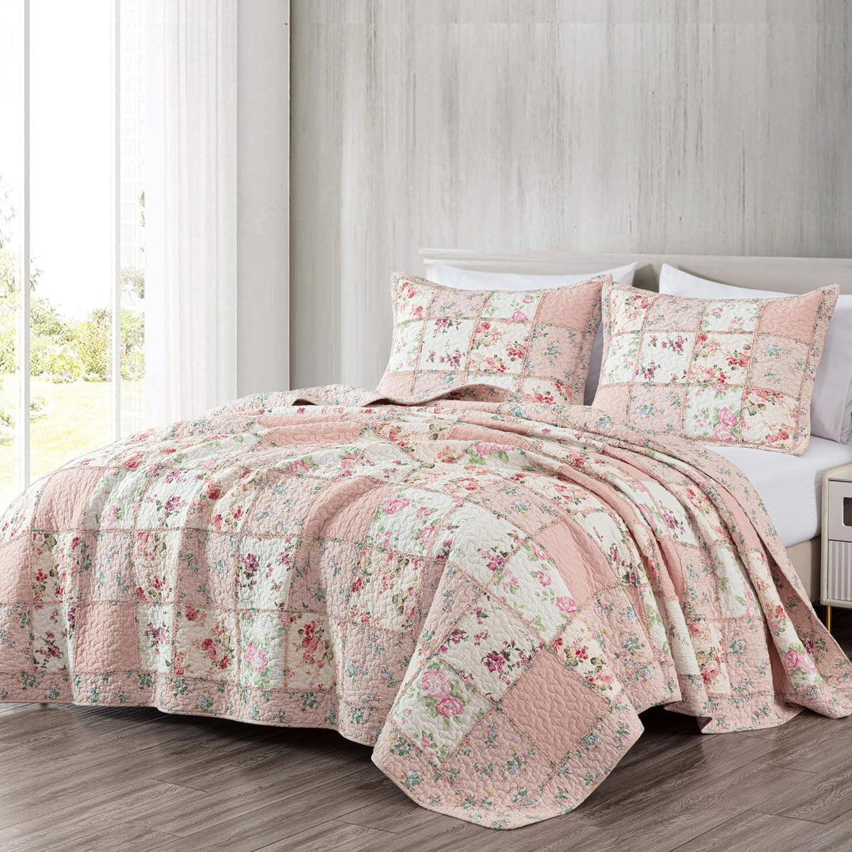 Chezmoi Collection Abbi 2-Piece Pink Shabby Chic Bedding Twin Quilt Set Pre-Washed Cotton Floral Coverlet Bedspread Ruffled Patchwork Quilt, Twin Size