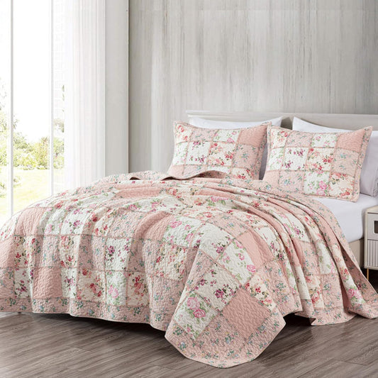Chezmoi Collection Abbi 2-Piece Pink Shabby Chic Bedding Twin Quilt Set Pre-Washed Cotton Floral Coverlet Bedspread Ruffled Patchwork Quilt, Twin Size