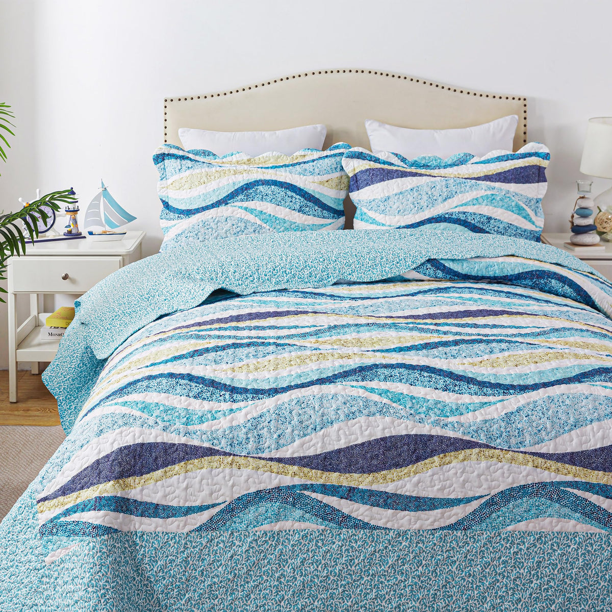 HoneiLife Oversized King Bedspreads 120x120 - Beach Quilt 3 Pieces, Coastal Quilt Sets, California King Quilt, Nautical Bedspreads Ocean Coverlets, Lightweight Bed Cover, Summer Quilts