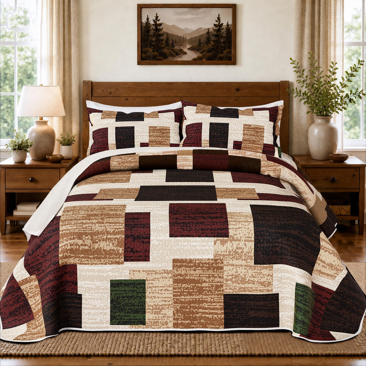 Tyrot 3 Piece Black Grey Quilt Full/Queen Size Black White Gray Bedding Set
