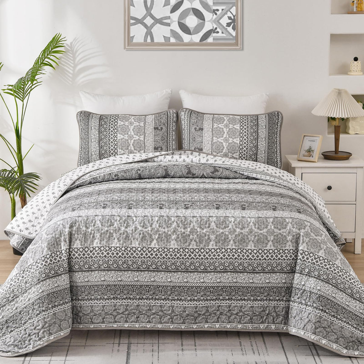 WONGS BEDDING Boho King Quilt Set，3 Pcs Light Blue Summer Bedspread