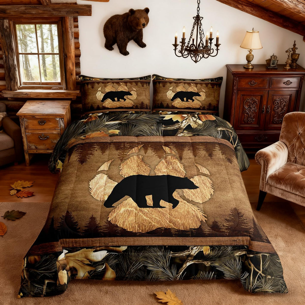 Homewish Jungle Cabin Comforter Set,Moose Animal Pine Trees Bedding Sets for Kids Teens Adults,Retro Wooden Stripes Rustic Farmhouse Quilted Comforter with 2 Pillowcases Queen Size 3 Pcs