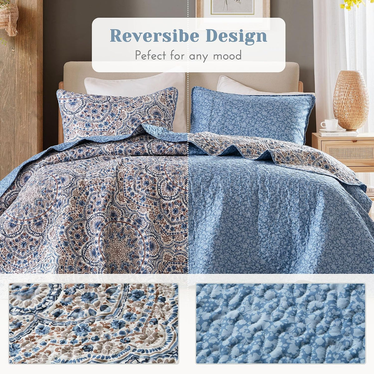 Comfort Spaces Valerie Boho Reversible Twin Quilt Bedding Set, 2 PC, Blue