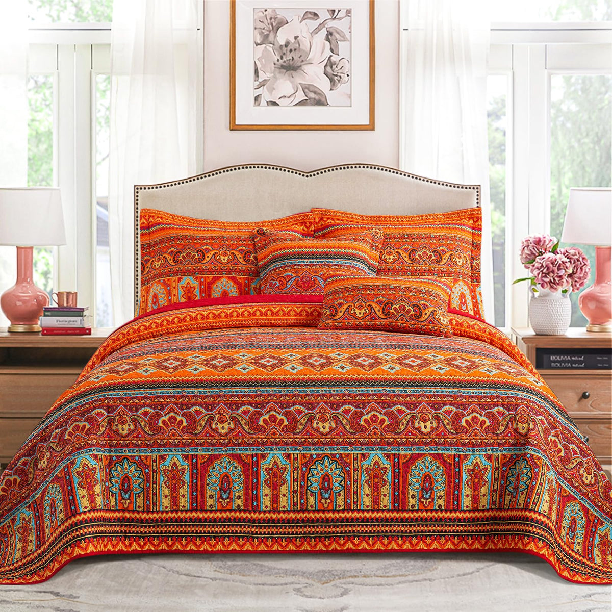 VAPUTAR 100% Cotton Face Quilt King Size Bedding Set - Boho King Quilts